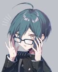  1boy ahoge bangs black_jacket brown_eyes buttons commentary_request dangan_ronpa_(series) dangan_ronpa_v3:_killing_harmony double-breasted eyebrows_visible_through_hair glasses goto_(sep) green_hair grey_background hair_between_eyes hands_up highres jacket long_sleeves looking_at_viewer male_focus open_mouth saihara_shuuichi shiny shiny_hair short_hair simple_background solo striped_jacket sweatdrop upper_body 