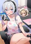  2girls :d :o bangs bare_legs black_shorts blonde_hair blue_eyes blush chair collarbone commentary_request controller eyebrows_visible_through_hair game_controller hair_between_eyes hand_up headset highres holding holding_controller holding_game_controller indoors kanda_done long_hair multiple_girls notice_lines office_chair on_chair open_mouth original shirt short_shorts short_sleeves shorts silver_hair sitting smile spoken_character two_side_up white_shirt 