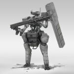  absurdres english_commentary grey_background gun highres holding holding_gun holding_weapon looking_to_the_side mecha missile_pod original piston prog_(progwwww) science_fiction solo standing weapon 