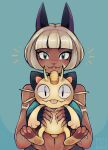  1girl 1other :p animal_ears bangs black_eyes blue_eyes blunt_bangs breasts cat_ears coin crossover dark_skin dark-skinned_female english_commentary eyelashes fangs gen_1_pokemon halter_top halterneck highres holding holding_pokemon joanna_went_bananas looking_at_viewer medium_breasts meowth ms._fortune_(skullgirls) pawpads pokemon pokemon_(creature) scar_on_arm short_hair silver_hair skullgirls slit_pupils tongue tongue_out trait_connection whiskers 
