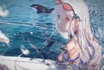  1girl ahoge arknights artist_name bangs bare_shoulders boat chinese_commentary choker commentary crop_top dated eyebrows_visible_through_hair eyewear_on_head from_side hair_between_eyes highres kuzira_(kuzira19062) long_hair looking_at_viewer no_hat no_headwear ocean off-shoulder_shirt off_shoulder open_mouth orca orca_hair_ornament railing red_eyes shirt short_sleeves sideways_glance silver_hair skadi_(arknights) skadi_(waverider)_(arknights) solo splashing sunglasses upper_body watercraft white_shirt 