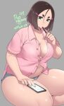  1girl 2021 agawa_ryou belly breasts brown_hair dated food food_in_mouth green_eyes grey_background large_breasts looking_at_viewer navel original plump pocky short_hair short_shorts shorts simple_background smile solo thick_thighs thighs 