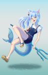  1girl absurdres animal_ears bangs blue_eyes blue_hair cat_ears fish_tail gawr_gura highres hololive hololive_english looking_at_viewer open_mouth polearm redteapanda sandals shark_tail sharp_teeth simple_background skirt smile tail teeth trident virtual_youtuber weapon 