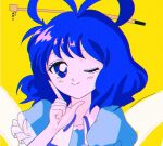  1990s_(style) 1girl ;) bangs blue_dress blue_eyes blue_hair closed_mouth dress hagoromo hair_ornament hair_rings hair_stick hanadi_detazo hand_up index_finger_raised kaku_seiga looking_at_viewer one_eye_closed puffy_short_sleeves puffy_sleeves retro_artstyle shawl short_sleeves simple_background smile solo touhou upper_body yellow_background 