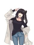  1girl alpello1901 architect_(girls_frontline) bangs black_hair black_shirt breasts casual coat coat_on_shoulders collarbone denim eyebrows_visible_through_hair feet_out_of_frame girls_frontline hair_ornament hand_up jeans long_hair looking_at_viewer open_mouth pants shirt solo standing violet_eyes white_background white_coat 