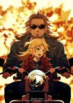  1boy 1girl age_difference anime_coloring black_jacket black_shirt blonde_hair braid brown_hair child closed_mouth explosion eyebrows_visible_through_hair facial_hair facing_viewer fate/apocrypha fate_(series) french_braid goatee green_eyes ground_vehicle highres holding jacket long_hair looking_to_the_side meiji_ken mordred_(fate) mordred_(fate)_(all) motor_vehicle motorcycle on_motorcycle open_mouth parody ponytail red_jacket riding scar scar_across_eye serious shirt shishigou_kairi signature sparks sunglasses sweatdrop t-shirt terminator_(series) terminator_2:_judgment_day thick_eyebrows 