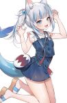  1girl :d animal_ear_fluff animal_ears arms_up bag bangs bare_arms bare_legs bare_shoulders blue_eyes blue_nails blue_skirt blue_vest blunt_bangs blush cat_ears claw_pose eyebrows_visible_through_hair fish_tail gawr_gura handbag high-waist_skirt highres hololive hololive_english jumping kemonomimi_mode looking_at_viewer machi_(7769) nail_polish open_mouth ponytail sandals shark_tail sharp_teeth shoulder_bag sidelocks skirt smile solo tail teeth upper_teeth v-shaped_eyebrows vest virtual_youtuber 