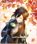 1boy autumn_leaves bangs black_gloves brown_hair closed_mouth collared_shirt commentary_request crossed_arms cup dappled_sunlight eyeliner eyeshadow falling_leaves formal from_above genshin_impact gloves gradient_hair hair_between_eyes highres holding holding_cup jacket jewelry leaf long_hair long_sleeves makeup male_focus maple_leaf multicolored_hair necktie orange_hair ponytail red_eyeshadow shirt solo suit sunlight tea teacup thumb_ring towako_towatowa yellow_eyes zhongli_(genshin_impact) 