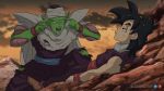  2boys alien belt black_eyes black_hair blue_belt colored_skin colored_tongue dragon_ball dragon_ball_z english_commentary green_skin hair_behind_ear invincible_(series) jammeryx male_focus meme multiple_boys namekian open_mouth piccolo pointing pointing_at_self pointy_ears purple_tongue son_gohan think_mark_think!_(meme) torn_clothes 