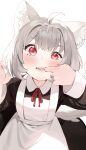  1girl ahoge animal_ear_fluff animal_ears bangs blush cat_ears cat_tail eyebrows_visible_through_hair fangs finger_in_mouth grey_hair highres hoshi_usagi looking_at_viewer maid open_mouth original red_eyes solo tail white_background 