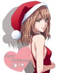  1girl 2019 amano_yo-ki breasts brown_hair dress from_side green_eyes hat highres looking_at_viewer merry_christmas original red_dress santa_hat shadow small_breasts solo upper_body 