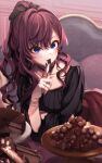  1girl absurdres black_ribbon black_shirt blue_eyes blush brown_hair cake candy chocolate chocolate_cake chocolate_heart commentary_request eating food hair_between_eyes hair_ribbon happy_valentine heart highres holding holding_chocolate holding_food ichinose_shiki idolmaster idolmaster_cinderella_girls leaning_forward leaning_on_table long_hair looking_at_viewer mixed-language_commentary nail_polish ponytail red_skirt ribbon shirt skirt solo valentine wavy_hair yanato_(e-huxe) 