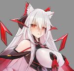  1girl animal_ears bangs blush breasts cat_ears eyebrows_visible_through_hair grey_background hair_between_eyes headgear highleg highres large_breasts long_hair looking_at_viewer nipple_bells original red_eyes science_fiction solo sweatdrop upper_body white_hair zhuore_zhi_hen 
