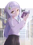  1girl bangs bare_shoulders bespectacled black_skirt blunt_bangs book commentary_request glasses gloves hair_ornament highres hilamaru holding holding_book hololive library long_hair long_sleeves looking_at_viewer murasaki_shion rimless_eyewear skirt smile solo virtual_youtuber 