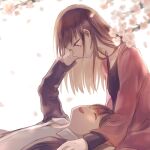  2girls brown_hair cherry_blossoms closed_eyes hand_on_another&#039;s_face inuko_(ink0425) lap_pillow long_hair lying multiple_girls on_back original smile yuri 