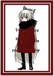  1girl absurdres alternate_costume black_footwear black_scarf boots border bow coat commentary_request contemporary fujiwara_no_mokou full_body hair_bow hands_in_pockets highres komaku_juushoku long_hair long_sleeves looking_at_viewer red_border red_bow red_coat red_eyes scarf simple_background solo touhou very_long_hair white_background white_bow white_hair zipper 