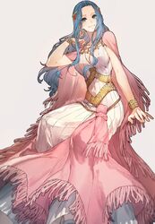  1girl blue_eyes blue_hair blurry bracelet breasts depth_of_field dress earrings female hair_flowing_over hair_ornament highres jewelry kieshi_heta long_hair nefertari_vivi one_piece pink_robe simple_background smile solo white_dress 