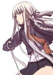  1girl bangs black_gloves black_ribbon blunt_bangs braid closed_mouth commentary_request cowboy_shot dangan_ronpa:_trigger_happy_havoc dangan_ronpa_(series) gloves hair_ornament hair_ribbon hiraga_matsuri jacket kirigiri_kyouko long_hair long_sleeves looking_at_viewer miniskirt necktie purple_hair ribbon shirt side_braid simple_background single_braid skirt solo violet_eyes white_background 