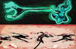  1boy 1girl absurdres alternate_form atomicpowerd ayase_momo dandadan hand_up highres psychic running sketch speed_lines takakura_ken_(dandadan) transformation 