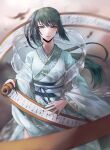  1girl bangs black_hair blurry blurry_background buzheng_xinghao_waizi chinese_clothes earrings fate/grand_order fate_(series) flower flower_earrings green_eyes green_nails hair_ribbon hanfu highres holding holding_scroll jewelry jing_ke_(fate) long_hair long_sleeves looking_at_viewer nail_polish ponytail ribbon sash scroll side_ponytail solo white_flower wide_sleeves 