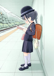  1girl absurdres backpack bag black_footwear blue_eyes blue_hair bowler_hat child crime_prevention_buzzer from_side hat highres jump_rope long_sleeves mary_janes original ponytail profile randoseru reading shoes skirt socks solo standing tactile_paving thermos train_station train_station_platform yappariga 