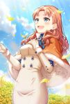  1girl :d annette_fantine_dominic blue_eyes blue_sky blush breasts brown_hair capelet clouds commentary_request day dress fire_emblem fire_emblem:_three_houses flower fur-trimmed_capelet fur_trim gloves hands_up highres long_hair long_sleeves looking_away medium_breasts open_mouth orange_capelet outdoors petals sakura_tsubame signature sky smile solo white_dress white_gloves yellow_flower 