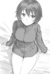  1girl absurdres arm_support brave_witches character_request fankupl greyscale hair_between_eyes highres light_smile looking_at_viewer monochrome on_bed short_hair sitting sitting_on_bed sketch solo world_witches_series 