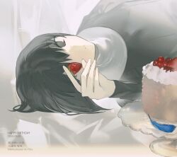  1girl absurdres birthday_cake black_dress black_eyes black_hair blue_feathers cake closed_mouth copyright_name dress expressionless feathers food from_side fruit happy_birthday highres holding holding_food holding_fruit kuonji_alice long_sleeves looking_at_viewer lying mahou_tsukai_no_yoru on_back one_eye_covered short_hair solo strawberry upper_body yuishironeko 
