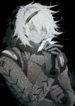  1boy absurdres bangs black_background black_hairband black_scarf blue_eyes chain flower fur_scarf gloves grey_gloves hair_behind_ear hair_between_eyes hairband highres holding holding_flower looking_down male_focus nier nier_(series) nier_(young) scarf solo the_cecile upper_body white_hair 