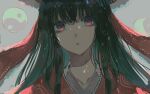  1girl bangs black_hair bow collarbone expressionless eyebrows_visible_through_hair face frills grey_background hair_bow hakurei_reimu long_hair parted_lips red_bow red_eyes rin_(rin7kan7) simple_background solo touhou yin_yang 