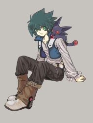  1boy arm_support black_pants blue_jacket character_request cropped_jacket full_body green_eyes grey_background hat highres jacket johan_andersen looking_at_viewer male_focus moiko pants shirt simple_background sitting smile white_hat white_shirt yu-gi-oh! yu-gi-oh!_gx 