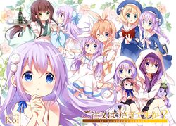  5girls :o alternate_costume ama_usa_an_uniform angora_rabbit anko_(gochiusa) aqua_eyes blue_eyes blue_hair book bottle brown_hair dress eyebrows_visible_through_hair gochuumon_wa_usagi_desu_ka? green_eyes hair_ornament hair_ribbon hoto_cocoa kafuu_chino kirima_sharo multiple_girls official_art orange_hair plate purple_hair rabbit ribbon school_uniform stuffed_animal stuffed_bunny stuffed_toy tedeza_rize third-party_source tippy_(gochiusa) ujimatsu_chiya violet_eyes waitress 