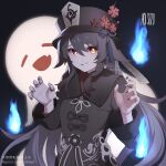  1girl aoi_suzu artist_name black_background black_headwear black_nails blue_fire brown_hair chinese_clothes claw_pose commentary_request fire flower flower-shaped_pupils genshin_impact ghost grin hat hu_tao long_sleeves nail_polish red_eyes smile solo twintails upper_body 