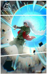  1boy clenched_teeth facial_mark full_body green_pants green_tunic highres incoming_attack jiraiya_(naruto) long_hair male_focus naruto_(series) naruto_shippuuden pants rasengan red_vest solo spiky_hair sssiii7610 teeth tunic vest white_hair 