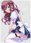  1girl :3 alternate_costume back_bow backless_outfit bangs black_skirt blue_eyes border bow brown_hair enmaided frilled_skirt frills garter_straps grey_background hair_between_eyes ichinose_shiki idolmaster idolmaster_cinderella_girls long_hair looking_at_viewer maid miniskirt shiny shiny_hair shirt shiyu_(hagiwara_shiyu) short_sleeves skirt solo thigh-highs white_border white_bow white_legwear white_shirt 