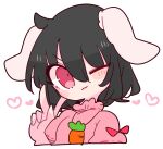  1girl :3 animal_ears black_hair carrot_necklace dress floppy_ears frilled_sleeves frills heart highres inaba_tewi looking_at_viewer one_eye_closed op_na_yarou pink_dress puffy_short_sleeves puffy_sleeves rabbit_ears red_eyes short_hair short_sleeves simple_background solo touhou v wavy_hair white_background 