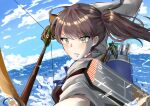  1girl absurdres amporn arrow_(projectile) blue_sky bow_(weapon) brown_eyes brown_gloves brown_hair clouds day flight_deck gloves highres japanese_clothes kaga_(kancolle) kantai_collection long_hair muneate outdoors quiver rigging short_sidetail side_ponytail sky solo tasuki weapon 