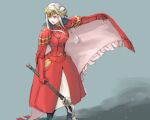  1girl breasts cape edelgard_von_hresvelg fire_emblem fire_emblem:_three_houses full_body gloves hair_ornament hair_ribbon horns long_hair long_sleeves looking_at_viewer red_cape ribbon robaco simple_background solo uniform violet_eyes white_hair 