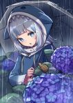  1girl :o animal_costume animal_hood arimoto_wataru arms_up bangs blue_eyes blue_hair blue_hoodie blunt_bangs commentary_request dark_sky eyebrows_visible_through_hair facing_viewer flat_chest flower gawr_gura highres holding hololive hololive_english hood hoodie hydrangea lavender_(flower) light_blush long_sleeves medium_hair multicolored_hair open_mouth outdoors plant rain reflection shark_costume shark_girl shark_hood sharp_teeth shiny shiny_hair silver_hair sky snail solo standing streaked_hair teeth tongue transparent transparent_umbrella umbrella v-shaped_eyebrows virtual_youtuber white_hair wide_sleeves 
