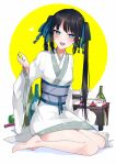  1girl bangs barefoot black_hair blush bottle breasts chinese_clothes circle commentary_request cup eyebrows_visible_through_hair fate/grand_order fate_(series) green_eyes green_nails hair_ornament hair_ribbon hanfu heart jing_ke_(fate) long_hair long_sleeves looking_at_viewer nail_polish open_mouth ribbon sash sitting smile solo steam table teacup twintails ugetsu_(chimere/marie) white_background wide_sleeves wine_bottle yellow_background yokozuwari 