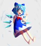  1girl 2020 arm_behind_back barefoot blue_dress blue_eyes blue_hair bow bowtie cirno dress faux_traditional_media hair_bow highres ice ice_wings luant open_mouth photoshop_(medium) short_hair signature smile solo touhou v wings 