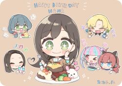 &gt;_o +_+ 6+girls animal_ear_headphones animal_ears asahi_rokka bang_dream! birthday broccoli carrot cat_ear_headphones fake_animal_ears flag fork guitar hair_ornament hamburger_steak hanazono_tae headphones instrument nyubara_reona one_eye_closed satou_masuki smile tamade_chiyu wakana_rei