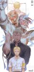  1boy age_progression arm_up back black_shirt blindfold blonde_hair blood blood_from_mouth blood_splatter child collared_shirt crying crying_with_eyes_open highres looking_at_viewer male_focus mappo_m2 paradis_military_uniform reiner_braun shingeki_no_kyojin shirt short_hair spoilers tears upper_body younger 