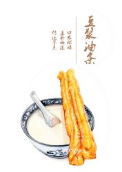  bowl chinese_commentary chinese_food chinese_text commentary_request food food_focus no_humans original painting_(medium) soybean_milk spoon still_life traditional_media translation_request watercolor_(medium) yizhi_baozang_zaihuahua youtiao 