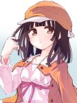  1girl bakemonogatari bangs blouse blunt_bangs brown_eyes brown_hair cabbie_hat gradient gradient_background hat highres jacket jacket_on_shoulders medium_hair monogatari_(series) orange_hair orange_jacket pink_blouse rollcake sengoku_nadeko short_hair solo upper_body white_background 