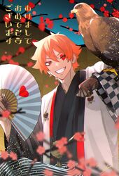  1boy ace_trappola animal animal_on_arm bird bird_on_arm checkered eyeshadow facepaint falcon falconry fan flower folding_fan gloves grin hair_between_eyes hakama hands_up haori highres holding holding_fan japanese_clothes kimono makeup male_focus one_eye_closed orange_eyes orange_hair shoco_(sco_labo) short_hair single_glove smile teeth tree_branch twisted_wonderland 