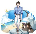  1boy alternate_costume bangs beach black_hair blue_shirt brown_hair bug butterfly closed_mouth clouds cloudy_sky collared_shirt conch day earrings english_commentary eyeliner eyeshadow full_body genshin_impact gradient_hair hair_between_eyes hand_in_pocket highres insect jewelry long_hair long_pants looking_at_viewer makeup male_focus multicolored_hair ocean outdoors pants ponytail red_eyeshadow rock sand shell shirt simple_background single_earring sky sleeves_rolled_up slime_(creature) slime_(genshin_impact) slippers smile solo standing sushisalmon95 symbol_commentary tassel tassel_earrings water white_background yellow_eyes zhongli_(genshin_impact) 