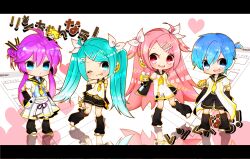  2boys 2girls bare_shoulders blonde_hair blue_eyes blush detached_sleeves hair_ornament hairclip hatsune_miku kaito_(vocaloid) kamui_gakupo long_hair looking_at_viewer mami_(sweetcandy) megurine_luka multiple_boys multiple_girls open_mouth pink_hair project_diva_(series) project_diva_f rin-chan_now!_(vocaloid) sailor_collar shirt short_hair simple_background skirt sleeveless sleeveless_shirt smile very_long_hair vocaloid white_shirt 