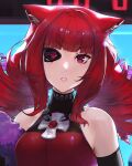 1girl animal_ear_fluff animal_ears artificial_eye bare_shoulders breasts brooch detached_sleeves drill_hair highres jewelry looking_at_viewer mechanical_eye medium_breasts parted_lips portrait redhead solo stella_hoshii twin_drills twintails unsomnus va-11_hall-a