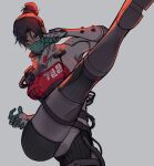 1girl apex_legends bangs black_hair blue_eyes bodysuit boots breasts cable clenched_hand glowing glowing_eyes grey_background grey_footwear hair_behind_ear hair_bun highres kicking looking_at_viewer mask medium_breasts mouth_mask open_hand parted_bangs quarantine_722_wraith solo tsukura_sae white_bodysuit wraith_(apex_legends) 